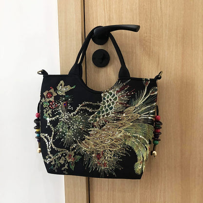 Peacock Embroidered Shoulder Bag for Women – Sequin Tote