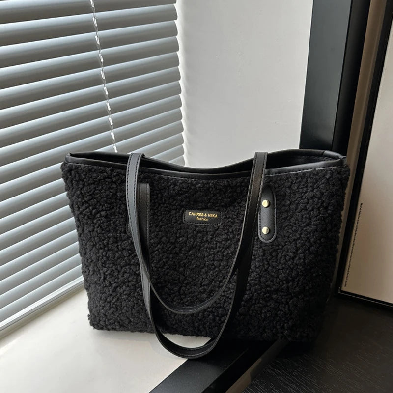 Lamb Wool Tote Bag – Women's Plush Shoulder Handbag