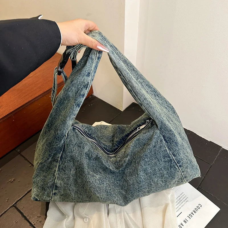 Casual Retro Denim Shoulder Bag Lightweight Large-Capacity Handbag Korean Lazy Style Underarm