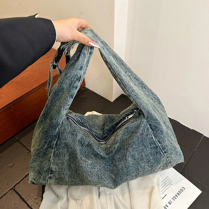 Casual Retro Denim Shoulder Bag Lightweight Large-Capacity Handbag Korean Lazy Style Underarm
