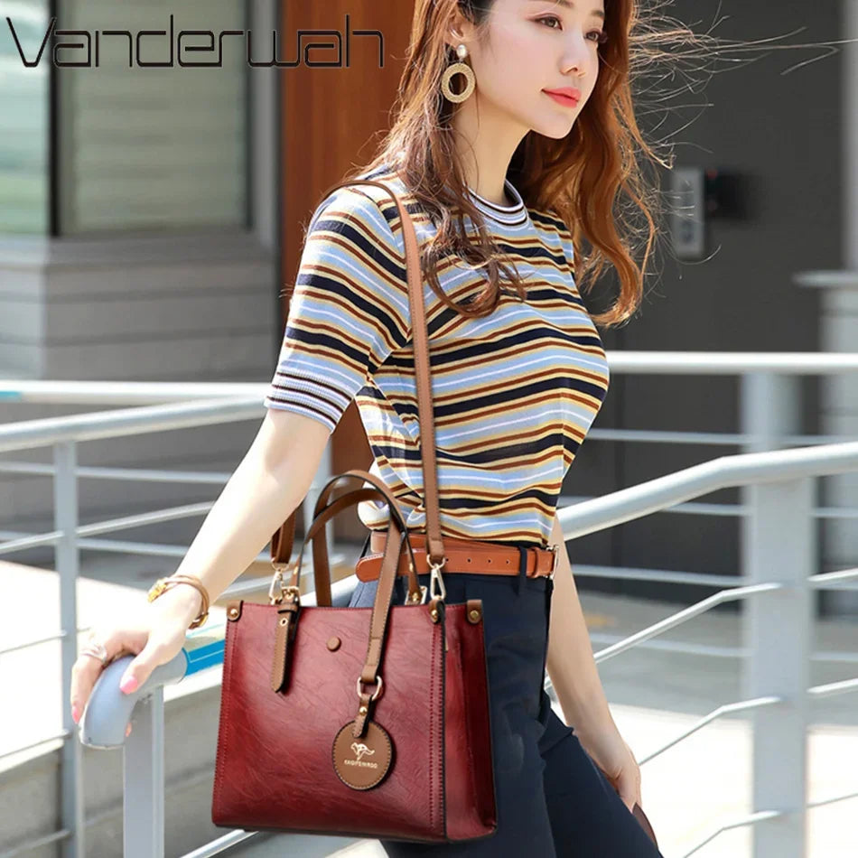 3-Layer Vintage Leather Tote Bag for Women