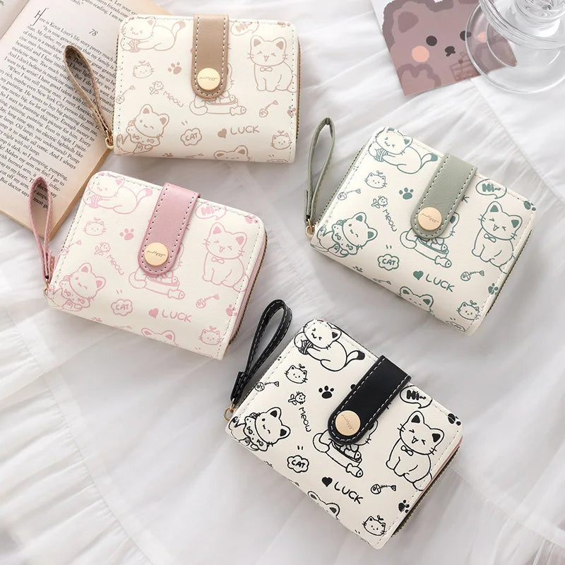 Cute Cat Print Short Wallet for Women – PU Leather Coin Purse