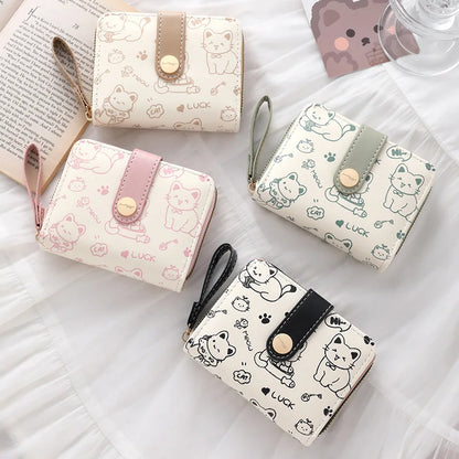 Cute Cat Print Short Wallet for Women – PU Leather Coin Purse