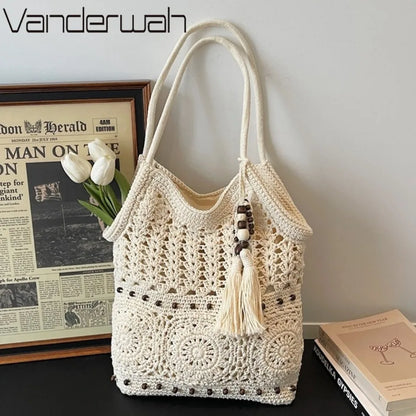Boho Crochet Tote Bag with Bead & Tassel Charm