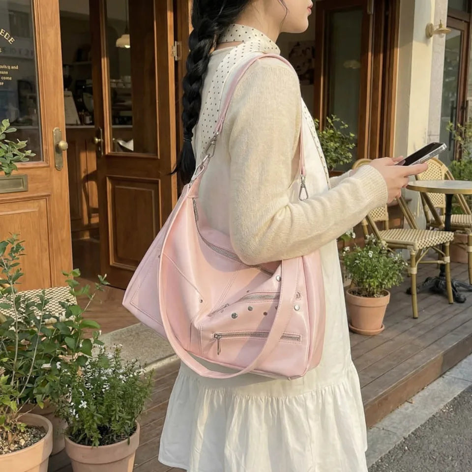 Large Capacity Shoulder Bag – Casual Crossbody Tote with Studded Detail
