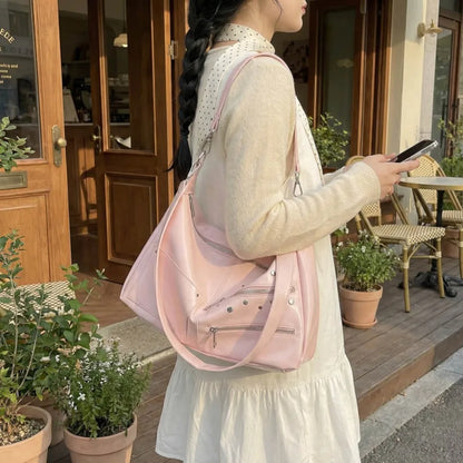 Large Capacity Shoulder Bag – Casual Crossbody Tote with Studded Detail
