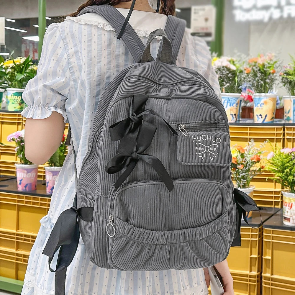 Bow Accent Corduroy Backpack for Women – Cute Aesthetic School Bag