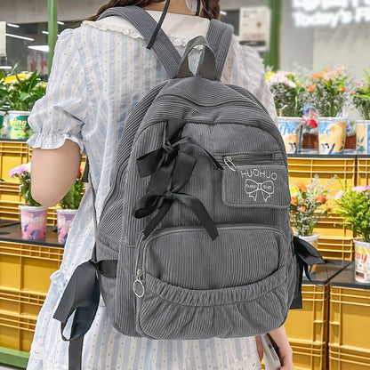 Bow Accent Corduroy Backpack for Women – Cute Aesthetic School Bag