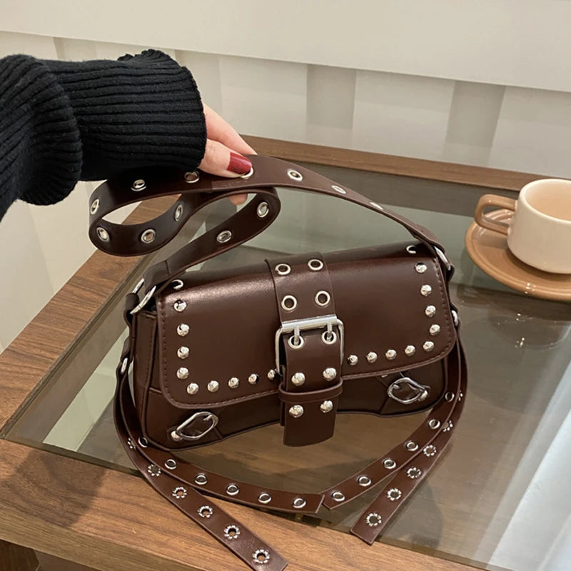 Women's Punk Rivet Shoulder Bag – Edgy Armpit Purse with Buckle