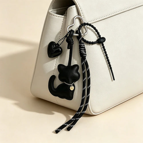 Cat Keychain – Cute Leather Cat & Heart Bag Charm with Tassel