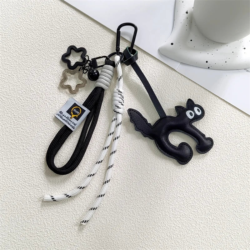 Cat Leather Keychain Charm – Cute Bag Pendant with Rope Lanyard