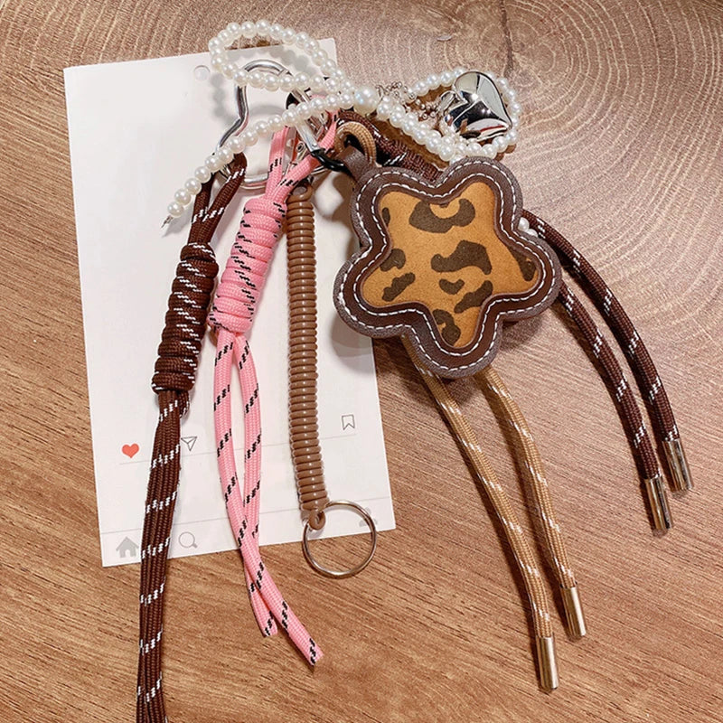 Leopard Print Flower Keychain Bag Charm with Pearl & Braided Rope