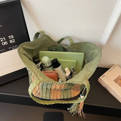 Handwoven Straw Tote Bag – Women's Large Capacity Beach Shoulder Bag