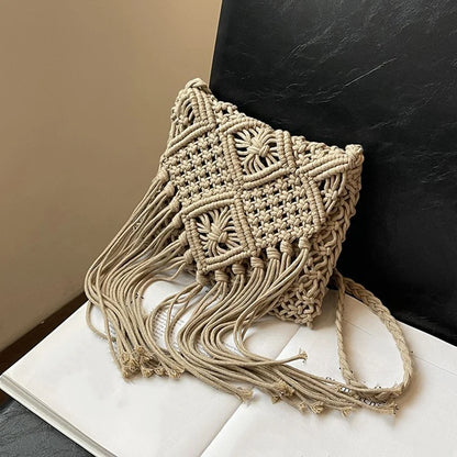 Macrame Tassel Crossbody Bag for Women – Woven Beach Bag