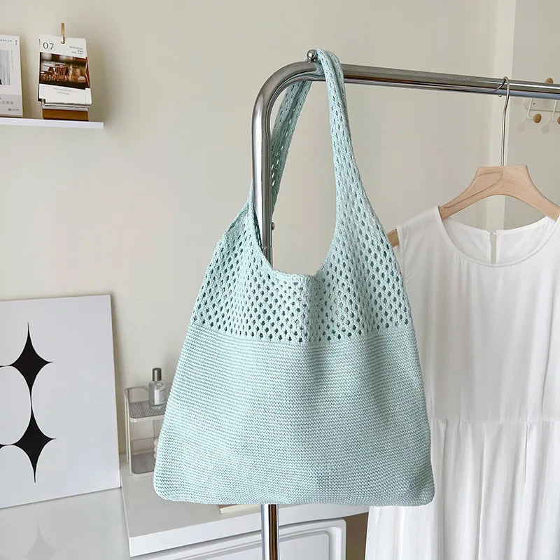 Hollow Knit Shoulder Tote Bag for Women – Large Capacity