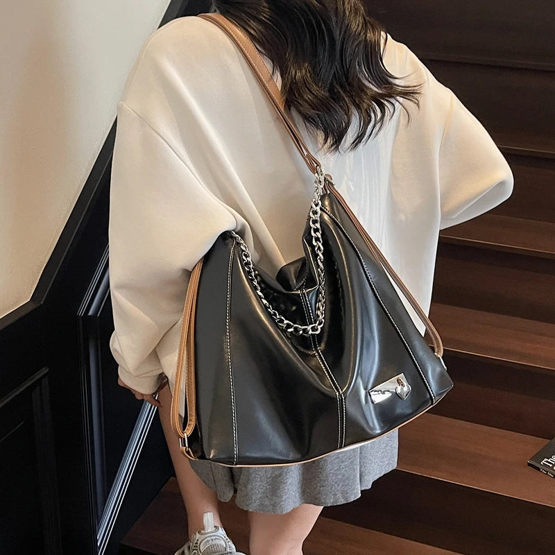 Moods Autumn Latest Backpacks Women Soft Pu Leather Pure Color Chain Shoulder Tote Bags Large
