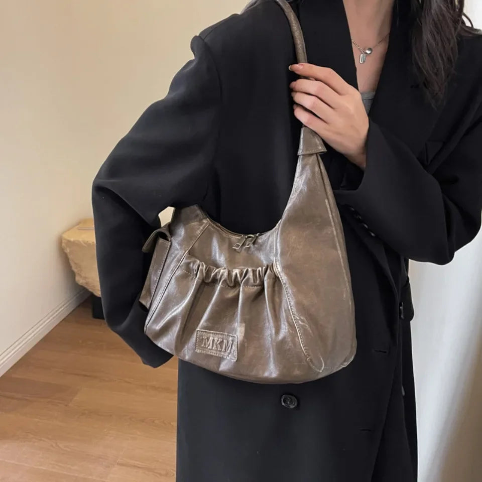 Pleated Hobo Shoulder Bag for Women – Large Capacity Retro Handbag