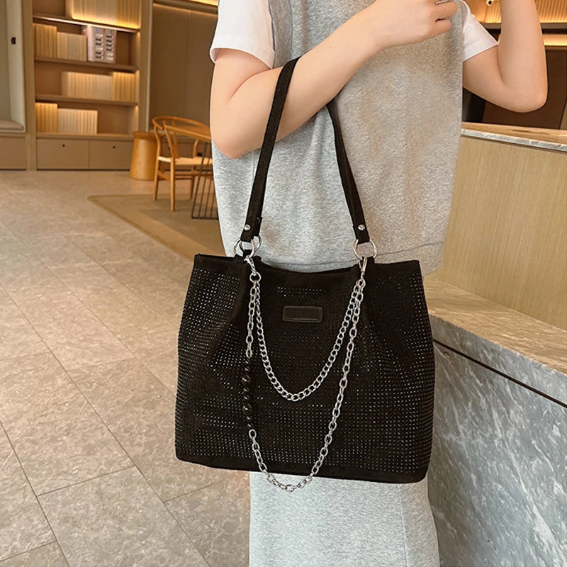 Rhinestone Tote Bag for Women – Large Bling Diamond PU Leather Chain Shoulder Bag