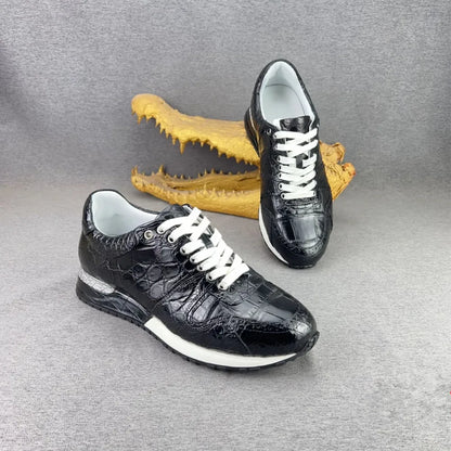 Crocodile Leather Men's Sneakers – Black Lace-Up Casual Shoes