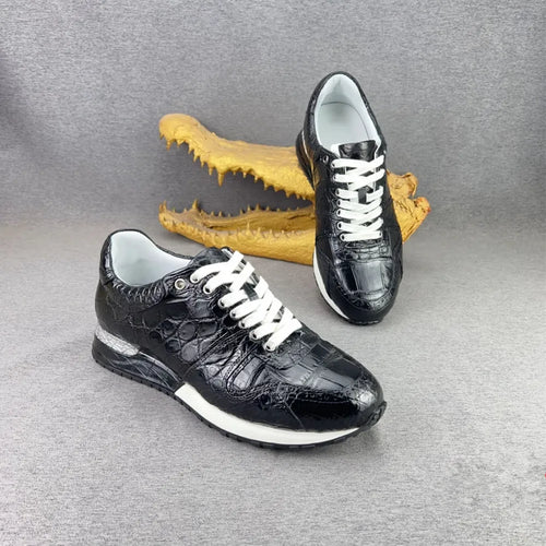 Crocodile Leather Men's Sneakers – Black Lace-Up Casual Shoes