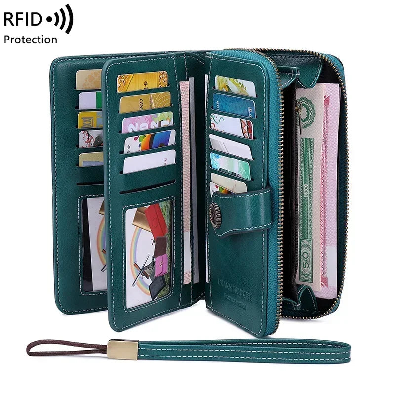 RFID Blocking Women's Leather Wallet – Large Zipper Clutch with 23 Card Slots