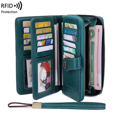RFID Blocking Women's Leather Wallet – Large Zipper Clutch with 23 Card Slots