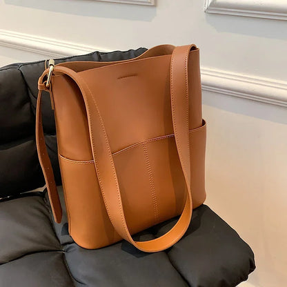 Leather Bucket Shoulder Bag – Women's Casual Tote Handbag