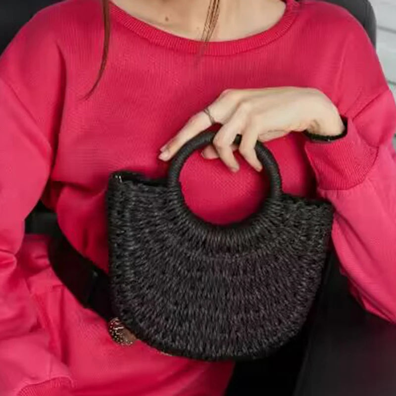 Moon-Shaped Straw Handbag – Handmade Women Beach & Crossbody Bag