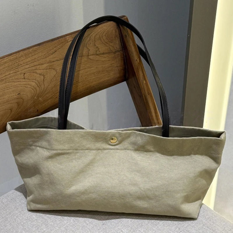 Canvas Tote Bag with Leather Straps – Large Capacity Women's Shoulder Bag