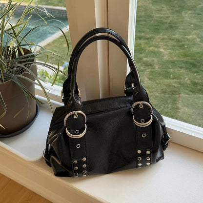 Y2K Rivet Shoulder Bag for Women – PU Leather Motorcycle Handbag