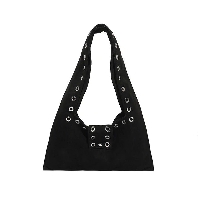 Suede Shoulder Bag – Women's Retro Hobo Bag with Eyelet Detail