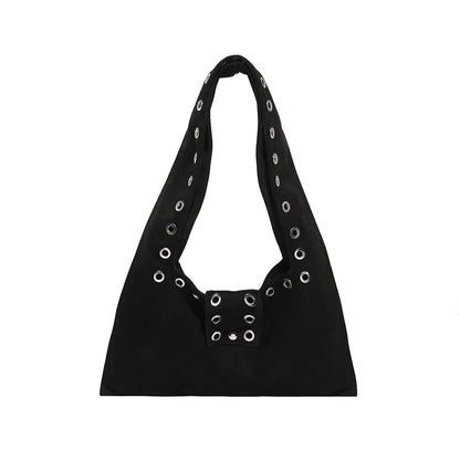 Suede Shoulder Bag – Women's Retro Hobo Bag with Eyelet Detail