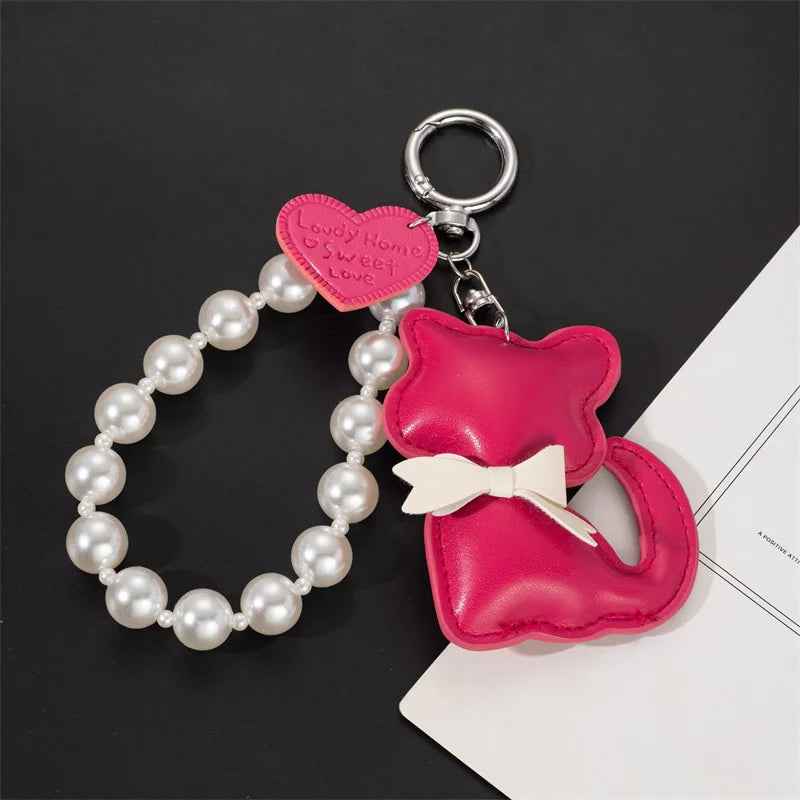 Cute Cat Leather Keychain with Pearl Bracelet & Bow