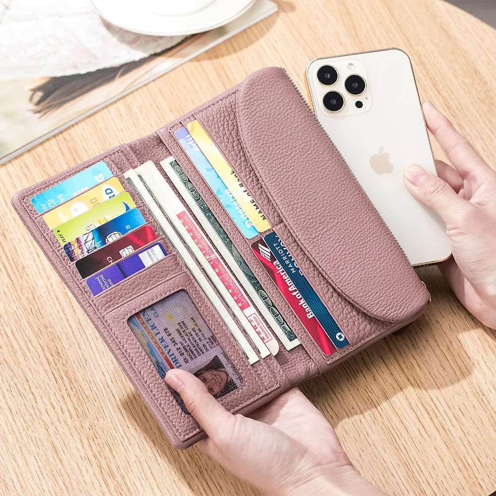 Genuine Cowhide Long Wallet for Women – Magnetic Clutch