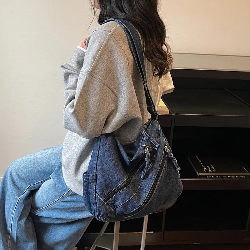 Winter Shoulder Bag Large Capacity Denim Storage Korean Style Comfortable Versatile Texture