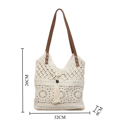 Women's Crochet Tote Bag – Boho Beach Shoulder Bag with Tassel