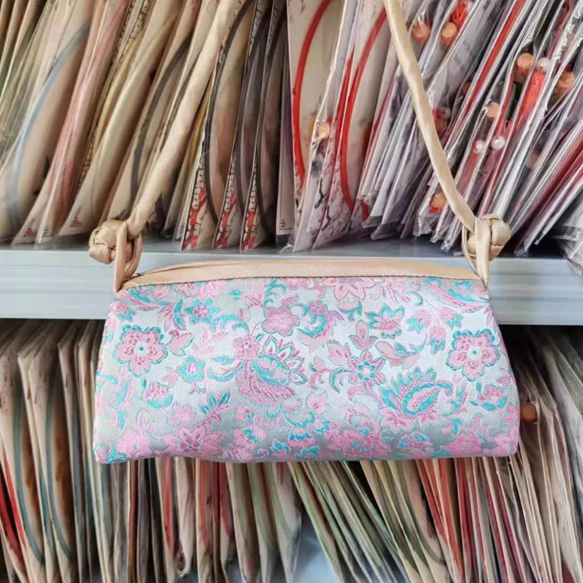 Silk Embroidered Shoulder Bag – Floral Satin Handbag