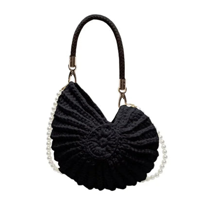 Crochet Conch Shoulder Bag with Pearl Chain – Handmade Woven Bag