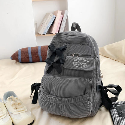 Bow Accent Corduroy Backpack for Women – Cute Aesthetic School Bag