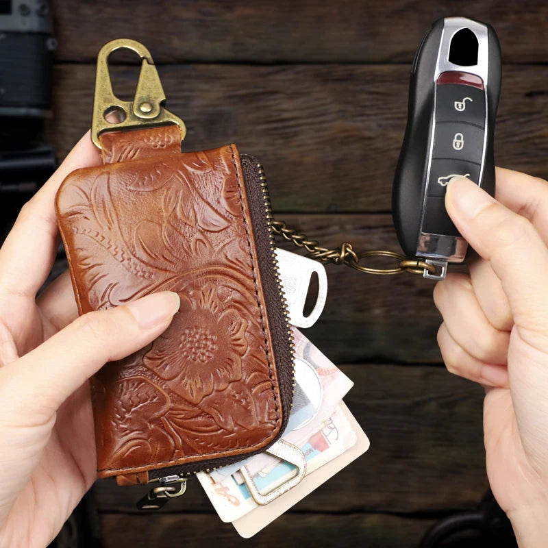 Leather Key Holder Organizer Wallet with Zipper