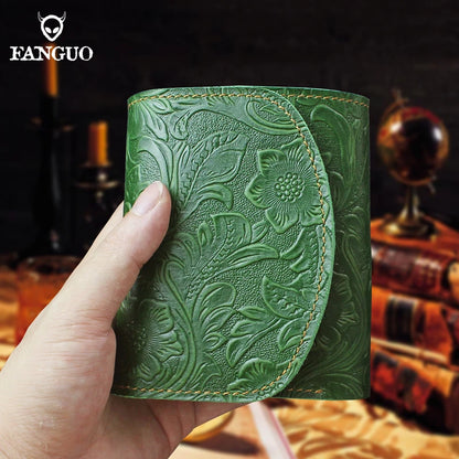 Genuine Leather Short Wallet – Floral Embossed Bifold Card Holder