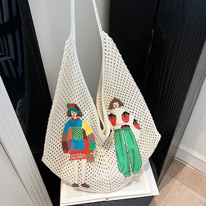 Crochet Knit Shoulder Tote Bag with Embroidery – Large Capacity