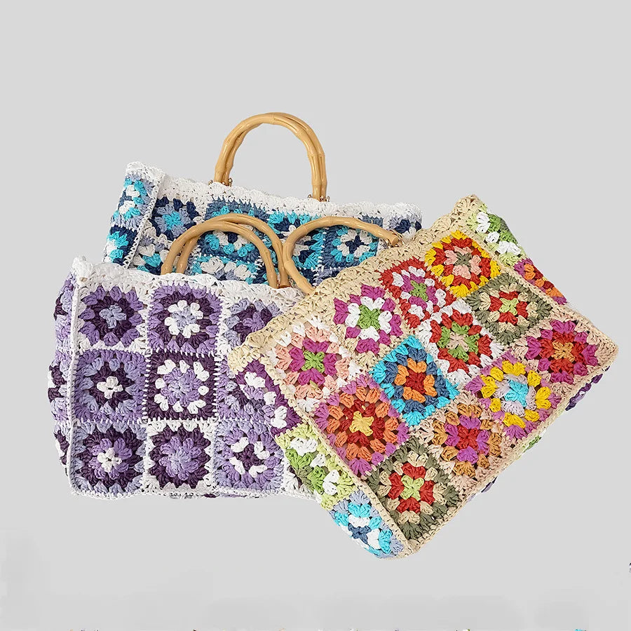 Bohemian Granny Square Staw Handbags Casual Paper Woven Bamboo Handle Women Hand Bags Handmade Summe