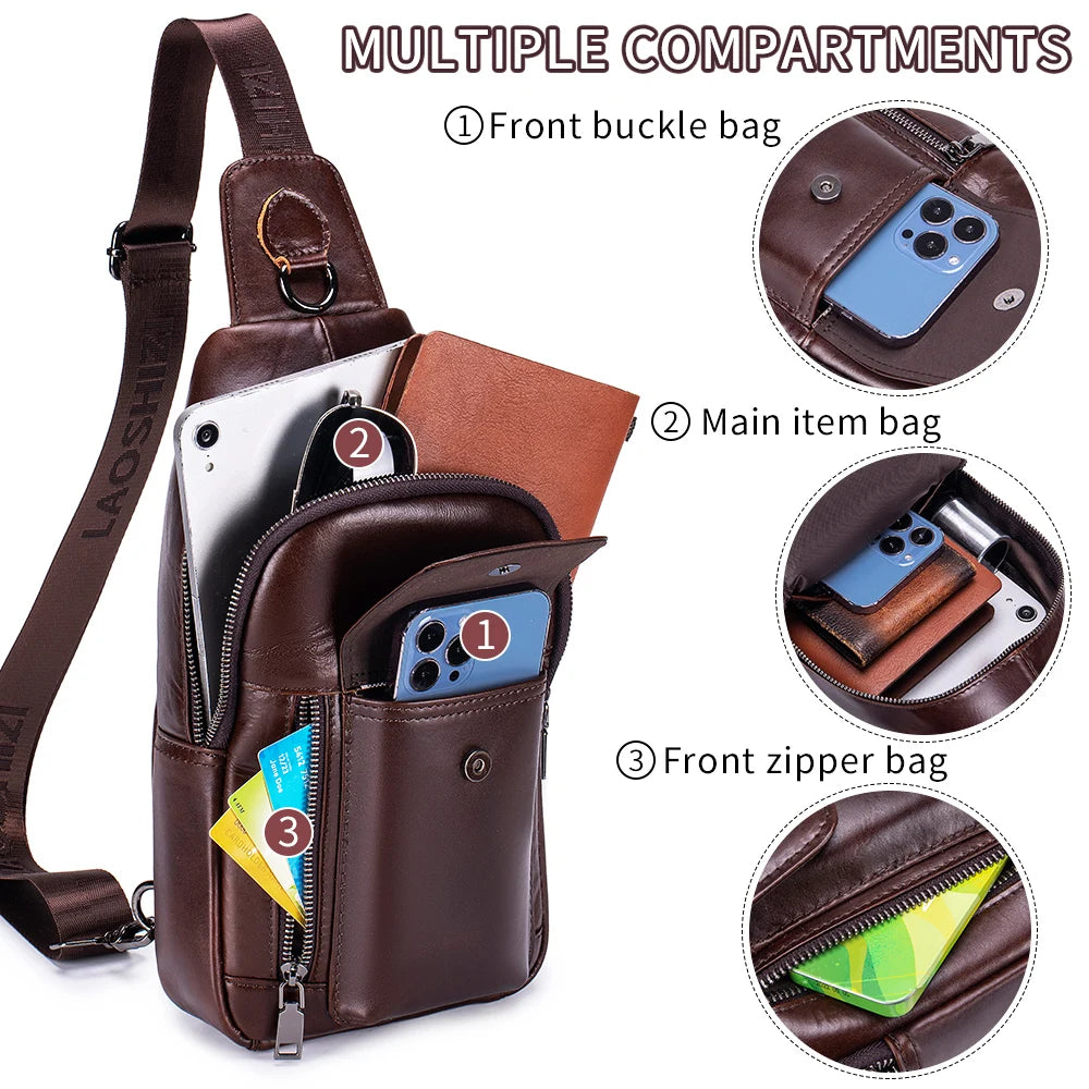 Leather Sling Bag for Men - Genuine Cowhide Crossbody Chest Bag