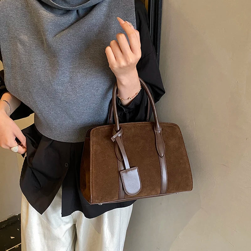 Moods Luxury Designer Top-Handle Boston Bags Women Pu Suede Pure Color Big Capacity Shopper Shoulder