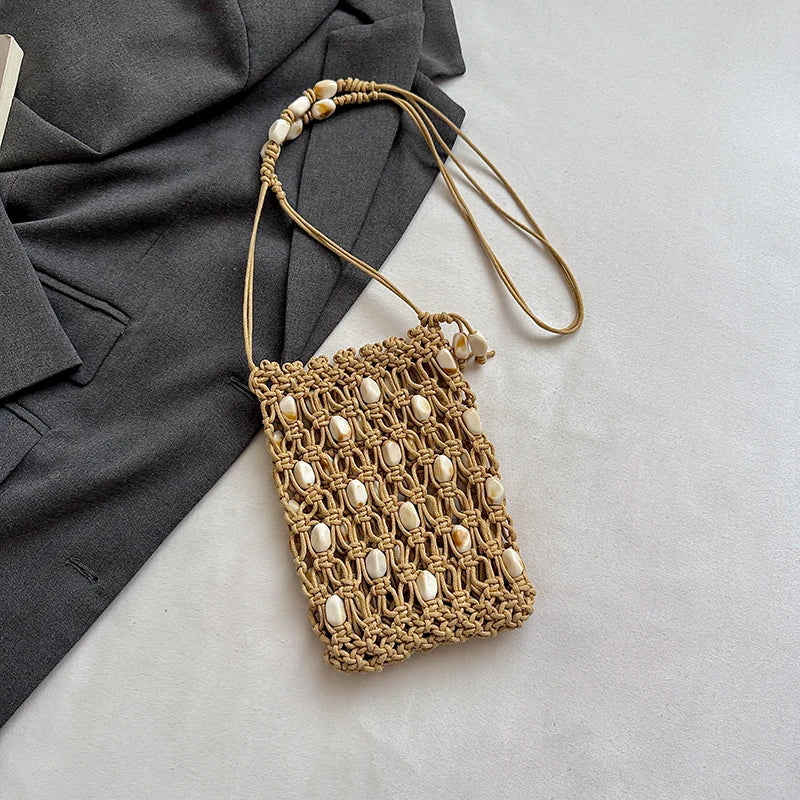 Moods Woven Design Drawstring Shoulder Bucket Bags Women Stone Beads Decor Phone Net Bag Trends