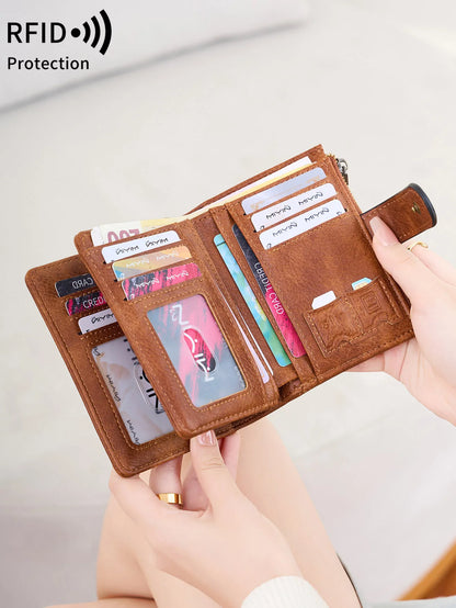 RFID Anti-Theft Women's Wallet – Retro Trifold Coin Purse with Zipper Closure