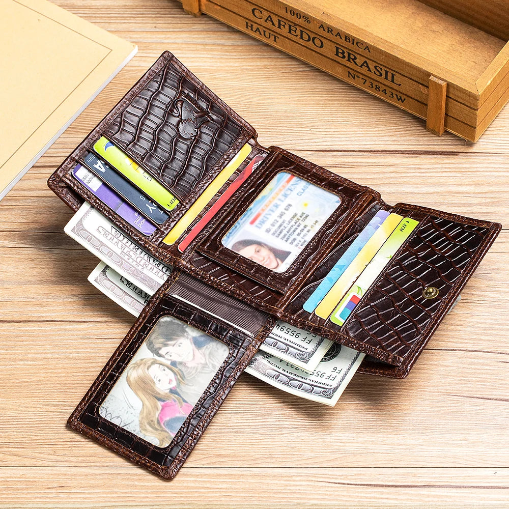 Men's Genuine Leather Crocodile Embossed Trifold Wallet