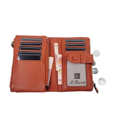 Genuine Leather Short Wallet for Women – Multifunctional Card Holder Zipper Coin Purse