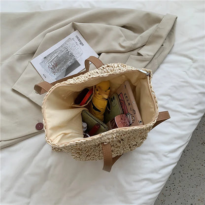 Straw Beach Bag Handwoven Tote with Leather Straps